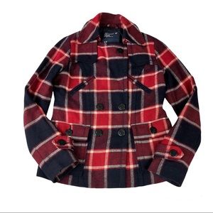 American Eagle Outfitters Pea Coat Women’s S Wool Red Blue Plaid Buttons Classic